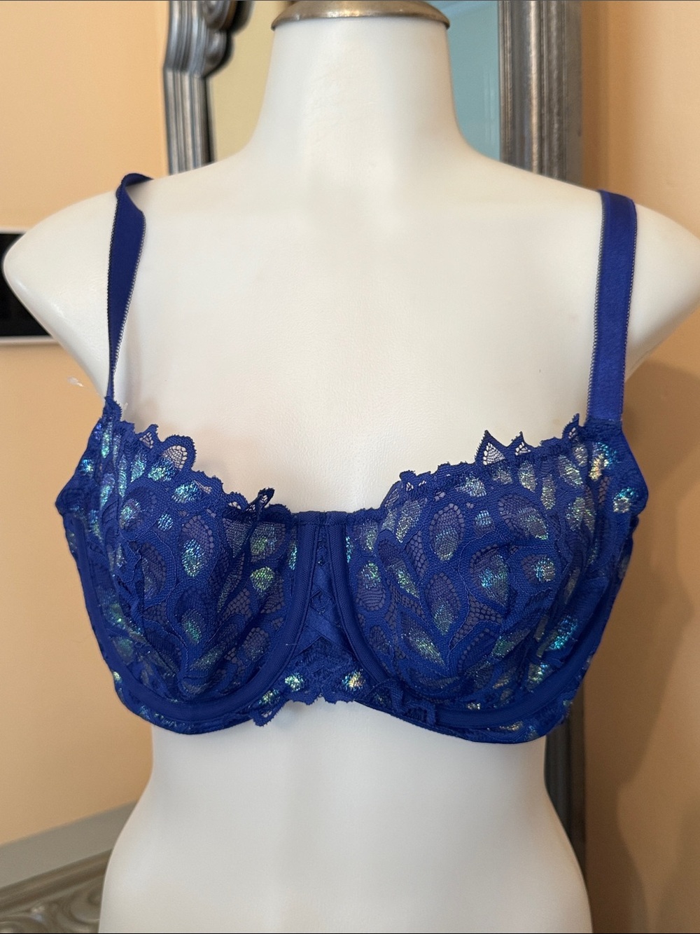 torrid 40B Unlined Balconette Royal Blue Lace Underwire Bra Iridescent Accents